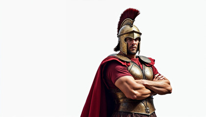 A powerful portrait of a Spartan warrior standing against a plain white background