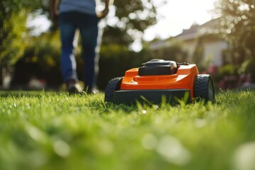Fototapeta premium A man in casual wear mows his backyard with a modern orange lawnmower