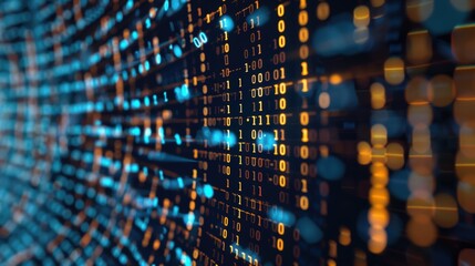 Binary code stream flowing across a dark background