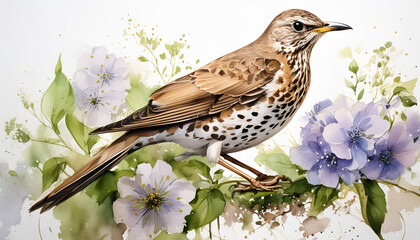 Fototapeta premium Mistle thrush in colorful flowers. Summer floral composition and bird on white. Wildlife scene