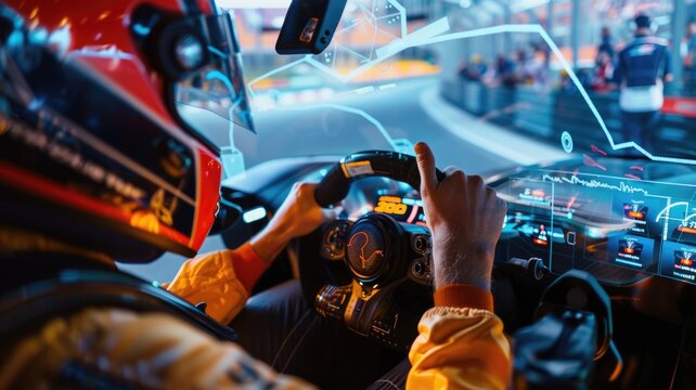 A racer using augmented reality on the windshield to view real-time stats and track layouts during a race - Powered by Adobe