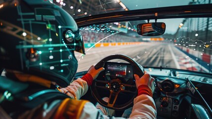 A racer using augmented reality on the windshield to view real-time stats and track layouts during a race