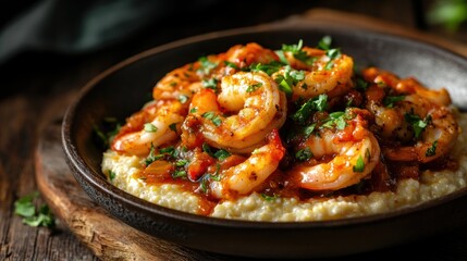 A plate of shrimp and grits with parsley on top
