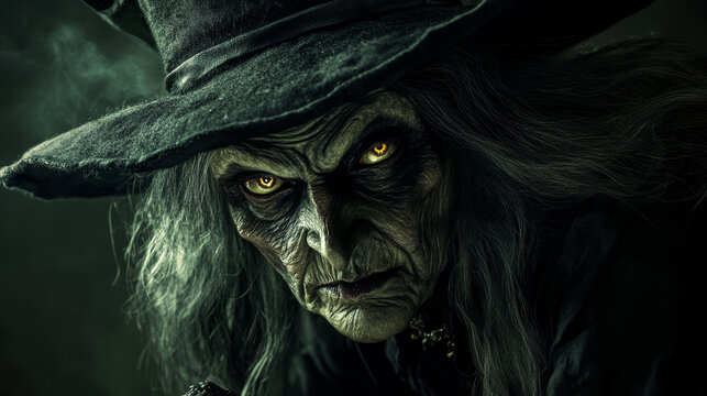 Old witch with glowing green in the dark background. Halloween concept