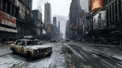 A deserted, dilapidated city street with abandoned cars and crumbling buildings, conveying a post-apocalyptic atmosphere - AI Generated Digital Art.