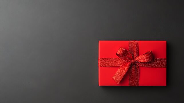 A beautifully wrapped red gift box with a ribbon on a dark background, perfect for holiday or celebration themes.