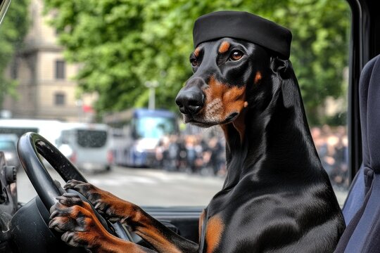 A Doberman wearing a beret is sitting behind the steering wheel of a car as if driving - AI Generated Digital Art. - Powered by Adobe
