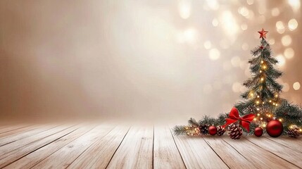 Warm wooden floor adorned for Christmas with decorative lights and festive accents creating a cozy holiday backdrop