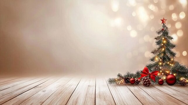Warm wooden floor adorned for Christmas with decorative lights and festive accents creating a cozy holiday backdrop