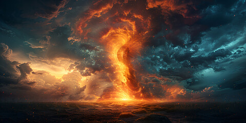 Fototapeta premium a dramatic scene of a fiery explosion over the ocean. The sky is filled with dark clouds and the sun is setting in the background