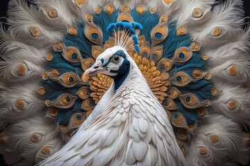 Fototapeta premium AI-generated image, majestic white peacock gracefully spreads its wings against a rich blue backdrop.feathers are adorned with intricate patterns in white , blue and gold.highlights the bird's beauty