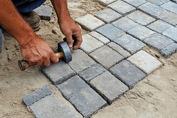 A person laying down interlocking pavers to create a pathway or patio