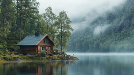 Fototapeta premium Cozy cabin by a serene lake surrounded by lush trees and misty atmosphere