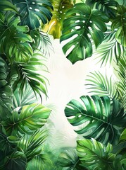 Watercolor green tropical leaves border, white background