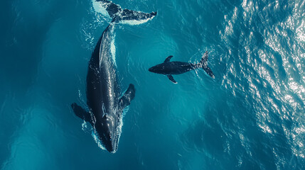 Fototapeta premium Whales swimming in the blue ocean. Top view from above.
