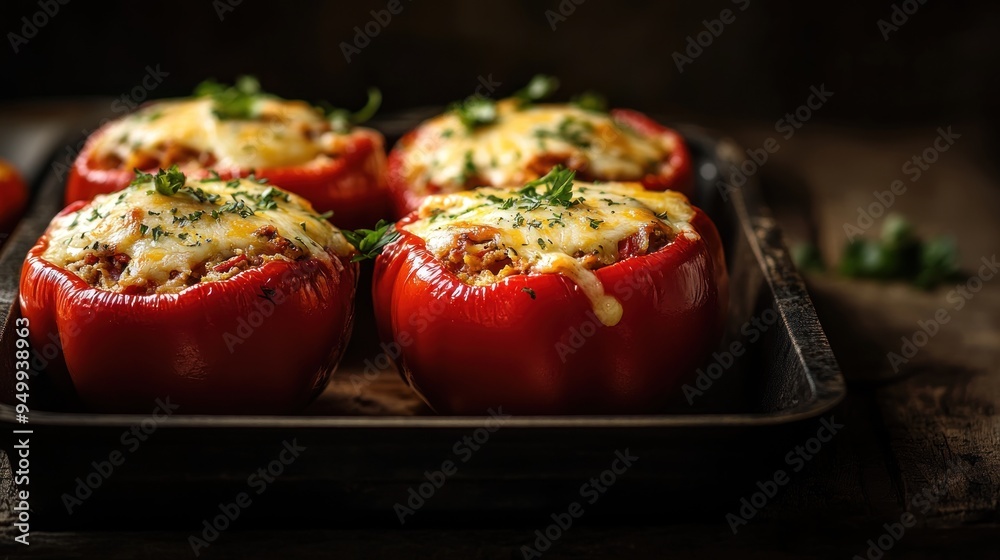 Sticker Four stuffed red peppers with cheese and herbs