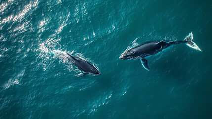 Obraz premium Whales swimming in the sea, aerial view of two whales in the ocean