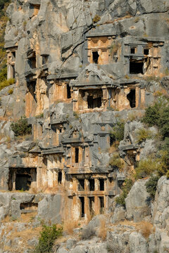 Rock-cut tombs in the ruins of Myra Ancient City in Demre, Turkey.