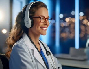 doctor physician with headphones hearing a medical podcast or medical news