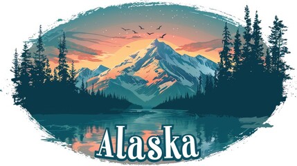 Alaska wilderness landscape reflecting in still water at sunset