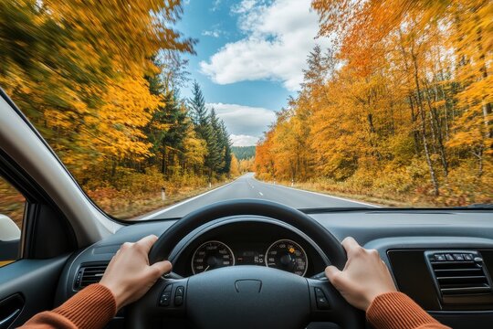 A perspective view of driver hands gripping the steering wheel as the car travels down a highway