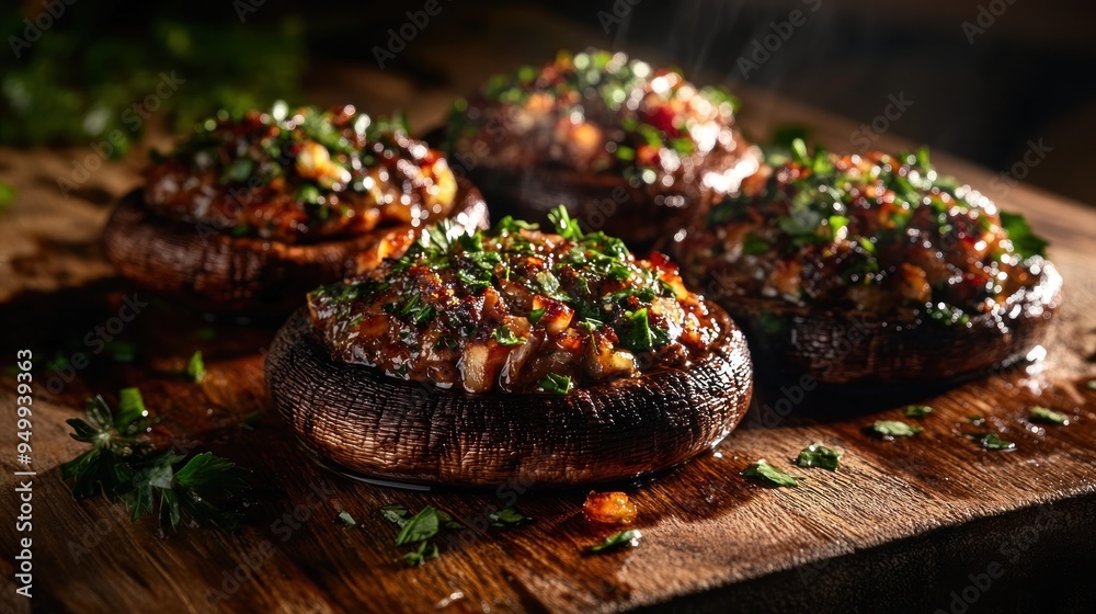 Wall mural Four mushroom patties with herbs on top are sitting on a wooden cutting board