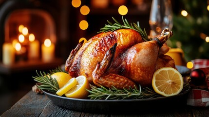 A beautifully roasted turkey garnished with lemon and herbs, perfect for festive gatherings and holiday feasts.