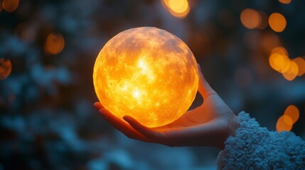 A hand gently cradles a luminous orb, casting a warm glow against a dark, mysterious backdrop illuminated by soft lights.