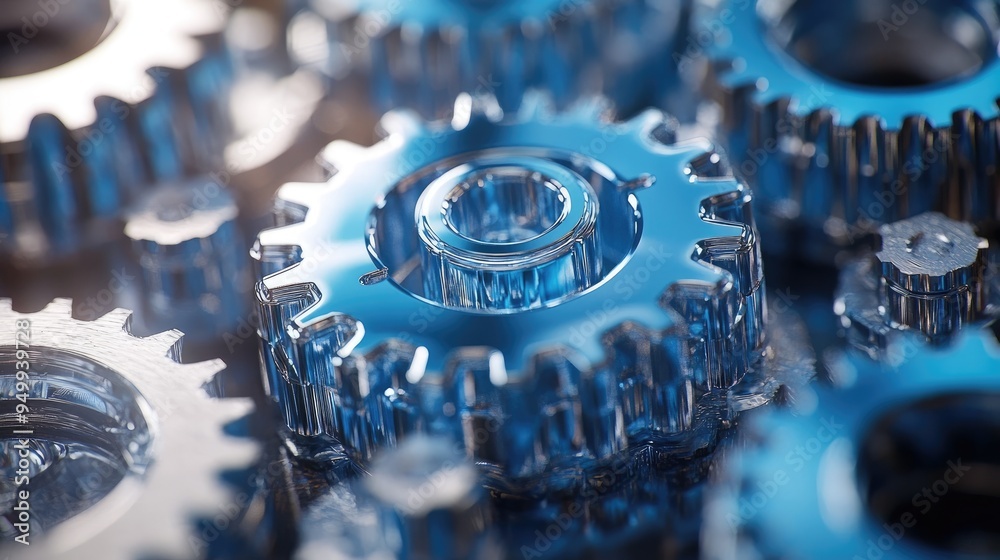 Poster blue and silver gears interlocking representing teamwork and collaboration
