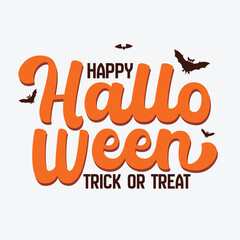 Happy Halloween text with bat silhouette isolated on white background. Trick or treat greeting card, poster, banner. Halloween logotype, sticker, label. October holiday celebration. editable vector