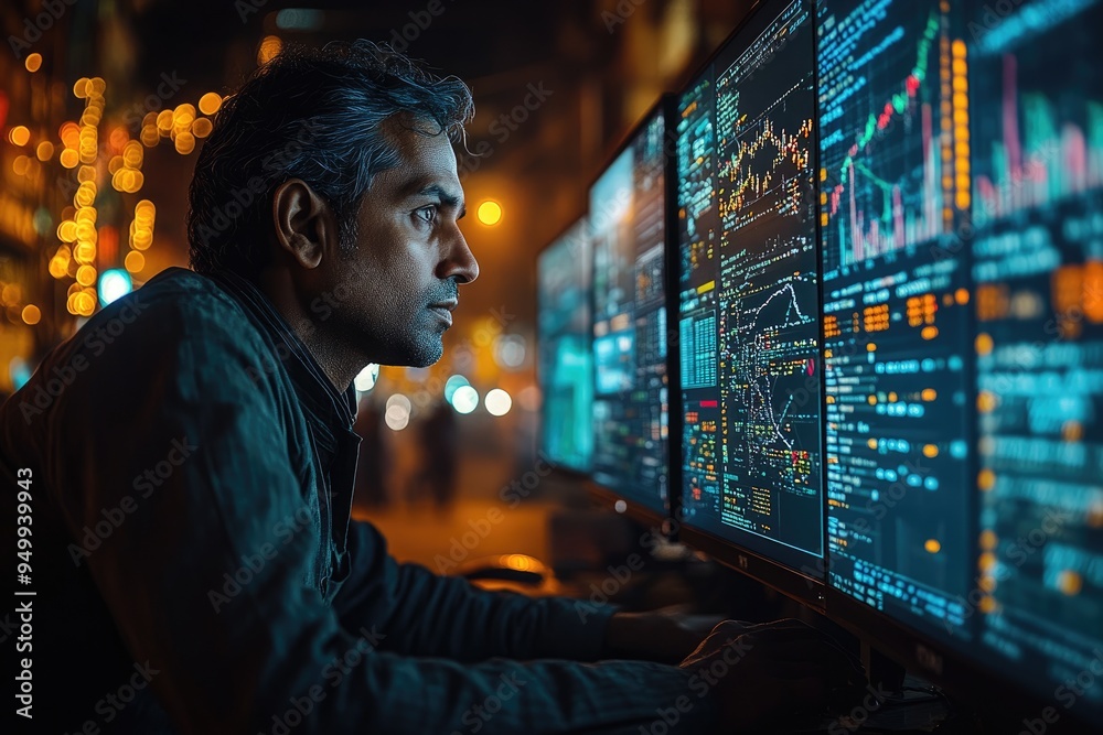 Poster Person working on three monitors with complex data charts in background.