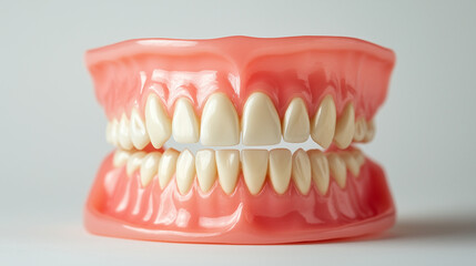 Obraz premium Dentures. A close-up shot of a pair of pink dentures with clean, white teeth. The dentures are placed on a neutral background, showcasing both the upper and lower set of teeth.