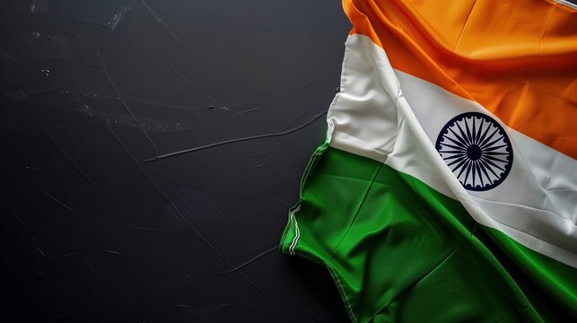 A striking image of the Indian flag, featuring the tricolor with the Ashoka Chakra on a dark, textured background.