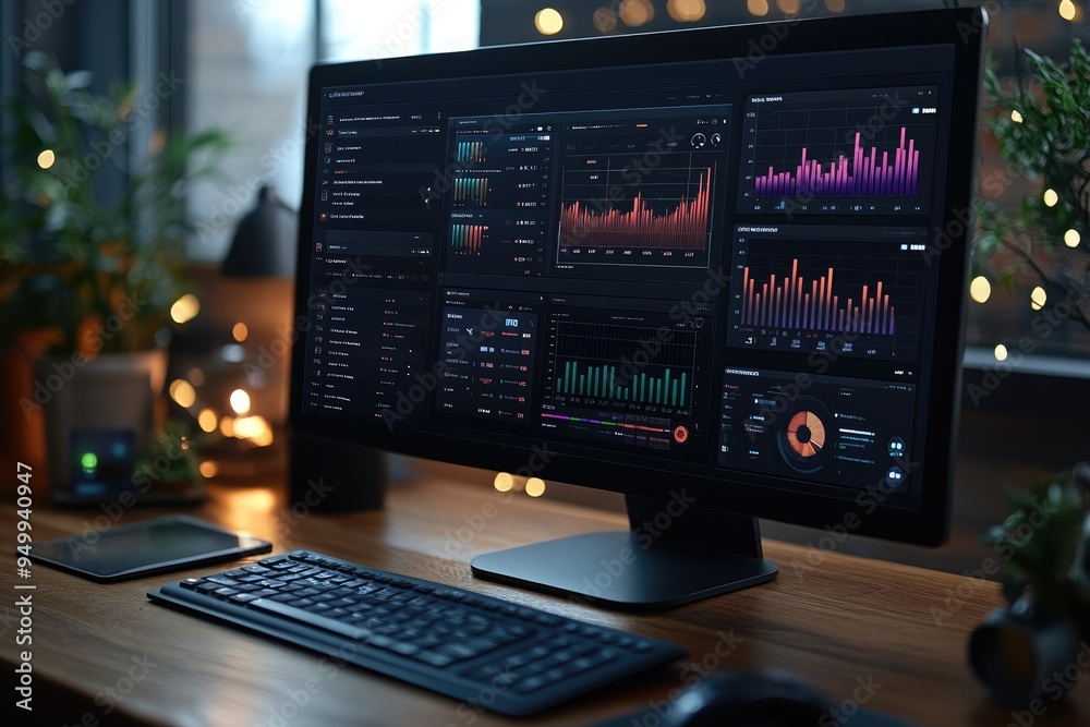 Fototapete Modern workspace setup showing financial data on a desktop computer screen