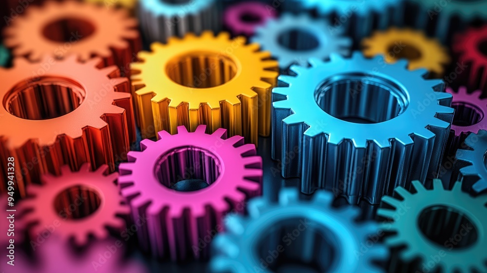 Poster Colorful metallic gears interlocking representing teamwork and collaboration