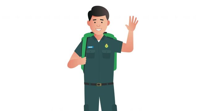 2D Illustrated male paramedic first responder vector character waving hand and smiling animation. On white background.
