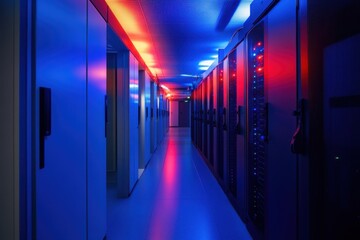 A sleek and modern data center corridor, illuminated by the cool blue light of the equipment