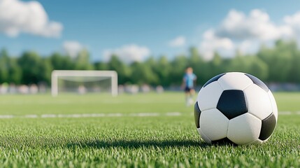 A young athlete kicks a soccer ball on a vibrant training field with a goal in the background, while other children practice their skills nearby