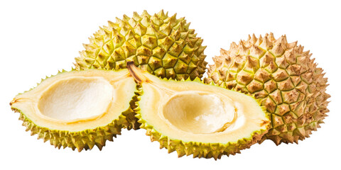 Fototapeta premium Fresh durians cut open isolated on transparent background