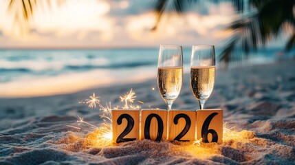 summer winter vacation holiday travel tourism greeting card - Happy new Year 2025, silvester, new year's eve background - year 2026 with champagne glasses and sparklers on sand at the ocean beach