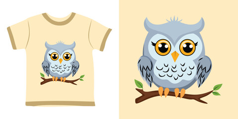 Cute vector illustration of a Owl bird or cat T shirt design for kids or new baby off white color background or off white T shirt with Owl bird or cute cartoon of Owl bird banner design
