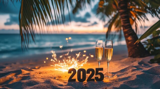 summer winter vacation holiday travel tourism greeting card - Happy new Year 2025, silvester, new year's eve background - year 2025 with champagne glasses and sparklers on sand at the ocean beach