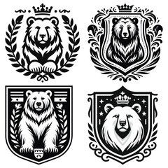 Fototapeta premium Black and white bear illustrations, intricate vector art, heraldic emblems for design