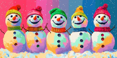 Five happy snowmen wearing colorful hats and scarves enjoying winter day