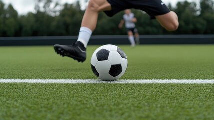 Fototapeta premium A little boy kicks a soccer ball while playing with his father on a colorful football field, surrounded by autumn leaves, capturing joyful moments of outdoor fun