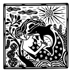 Woman and pink dolphin, Boto Cor-de-Rosa, character of brazilian folklore. Cordel woodcut illustration