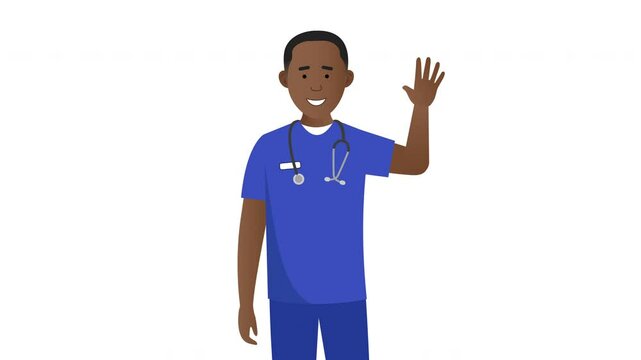 2D Illustrated male black nurse man vector character waving hand and smiling animation. On white background.