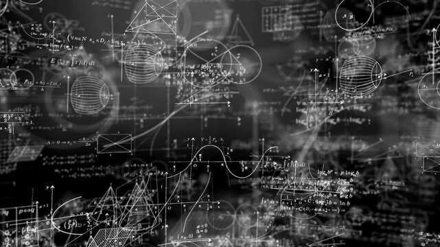 Mathematical symbols and equations suspended in space, camera moving through them to show the intricacies of math. The shallow depth of field leaves parts of the scene out of focus.