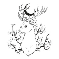 Hand drawn deer in the forest with crescent moon line art and dot art print design vector illustration