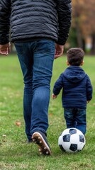 Fototapeta premium A little boy kicks a soccer ball while playing with his father on a colorful football field, surrounded by autumn leaves, capturing joyful moments of outdoor fun
